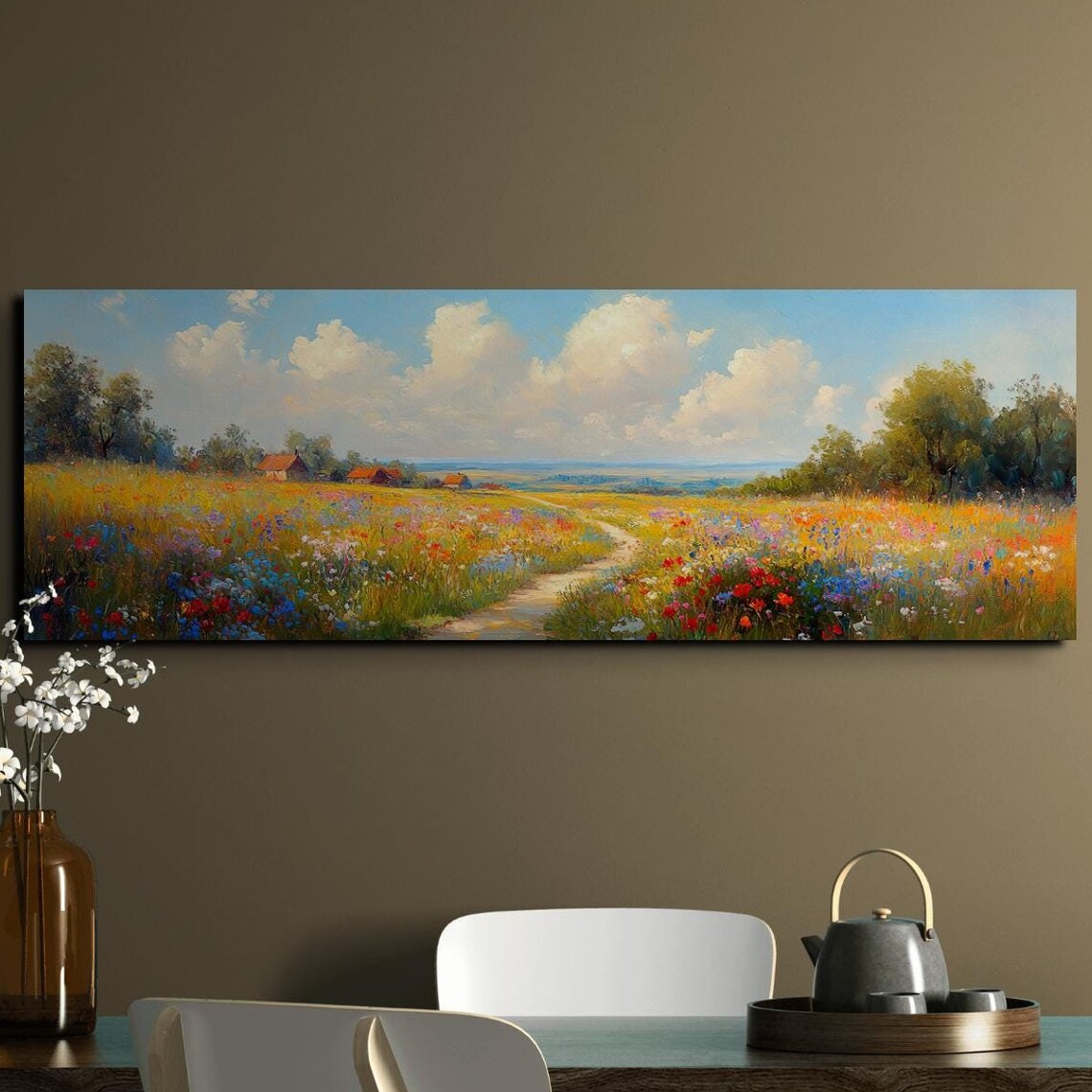 Country Path Through Colorful Wildflower Meadow With Barn Poster