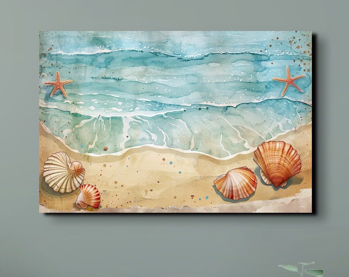 Beach Watercolor Scene With Seashells And Starfish Coastal Poster