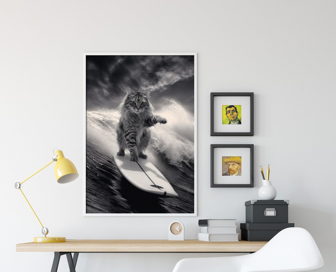 Long Haired Tabby Cat Riding a Surfboard on a Big Wave Photo Poster - Image 4