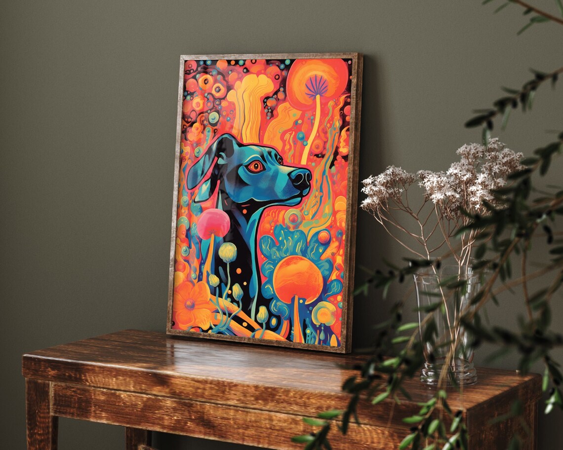 Psychedelic Trippy Blue Dog Among Orange Blooms Fantasy Poster