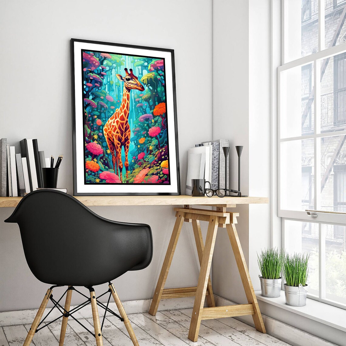 Psychedelic Giraffe in Lush Colorful Jungle Fantasy Art Poster - Image 3