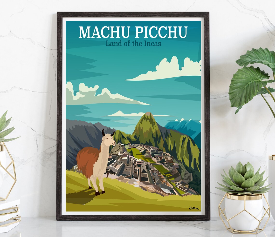 Machu Picchu Peru Inca Ruins Llama Land of the Incas Travel Poster
