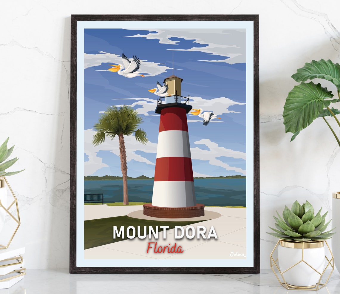 Mount Dora Florida Striped Lighthouse With Soaring Pelicans Poster