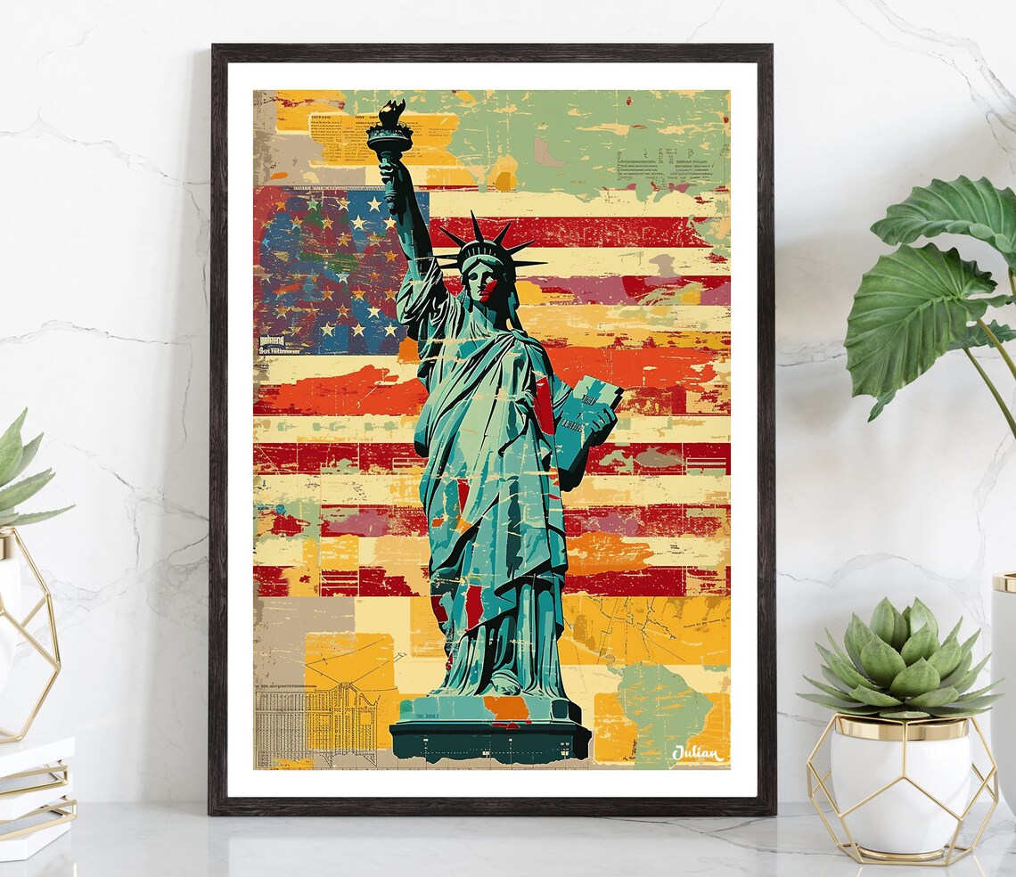 Statue of Liberty Grand Over American Flag Vintage Pop Art Poster