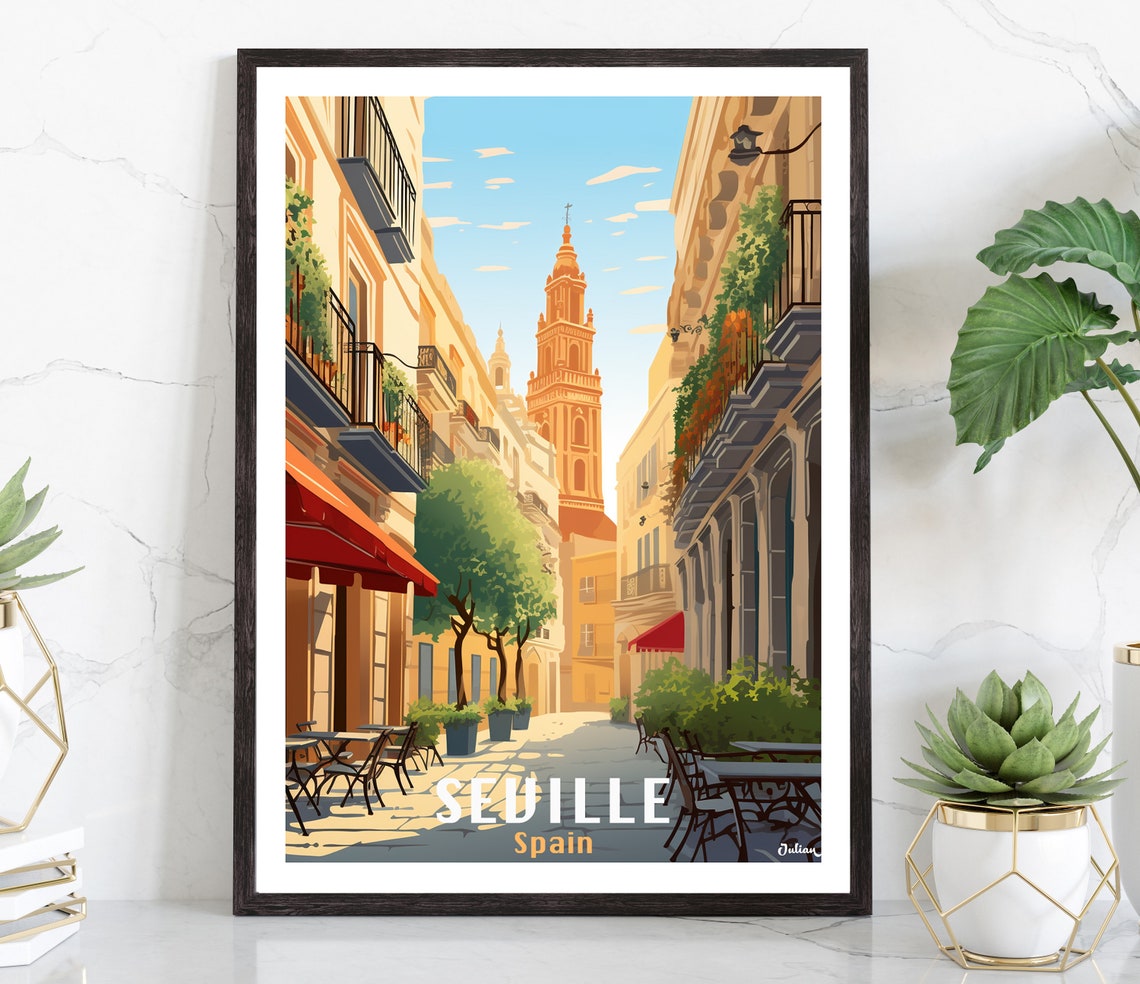 Seville Spain Giralda Tower Sunlit Old Street Cafes Travel Poster
