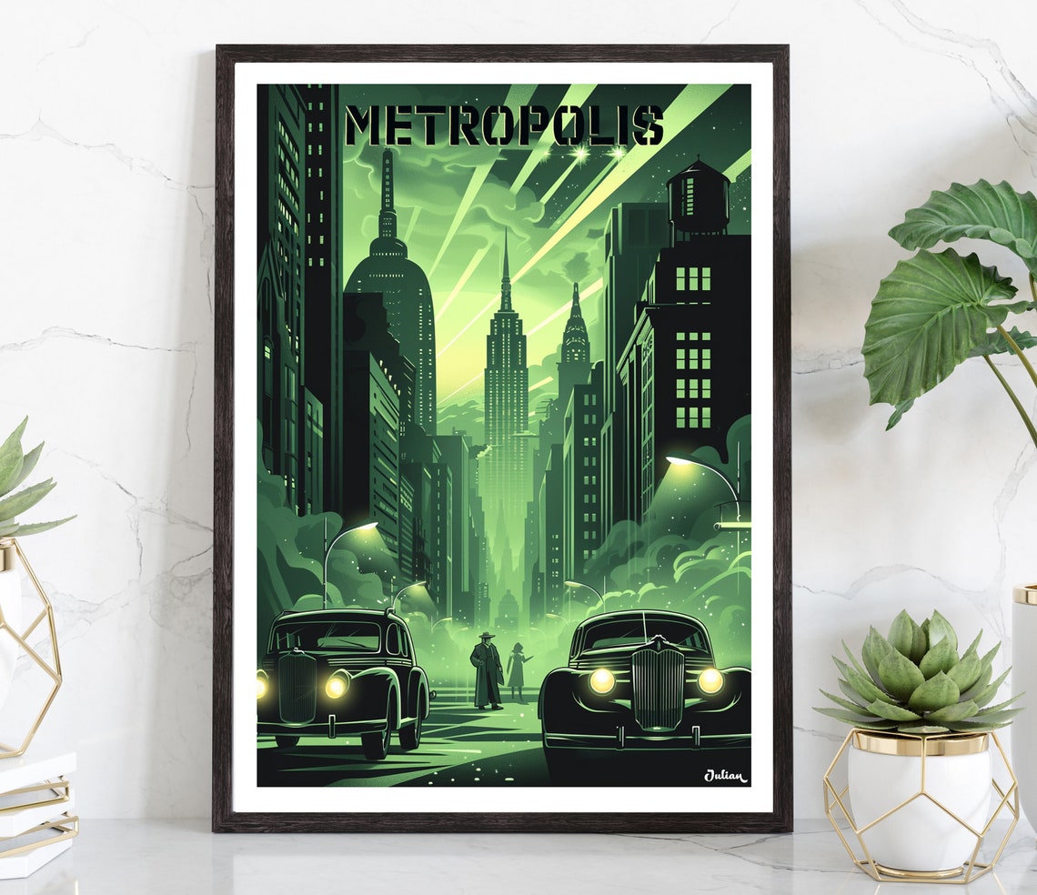 Metropolis Vintage Art Deco Green City Skyline Night Scene Poster