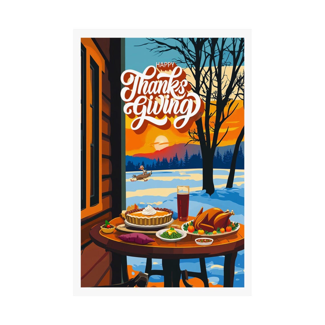 Happy Thanksgiving Winter Cabin Porch Feast Over Snowy Lake Poster - Image 2