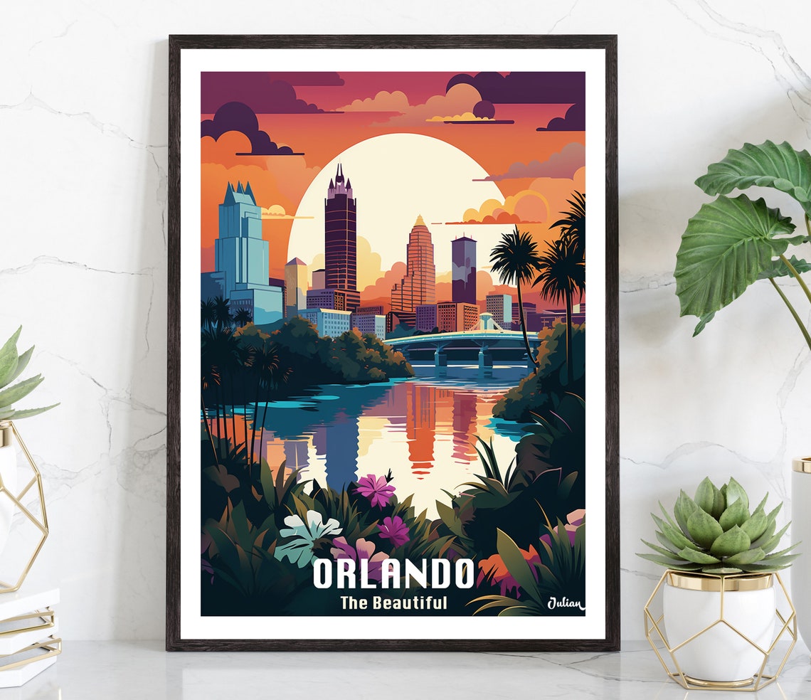 Orlando The Beautiful Stunning Sunset Skyline Over the Lake Poster