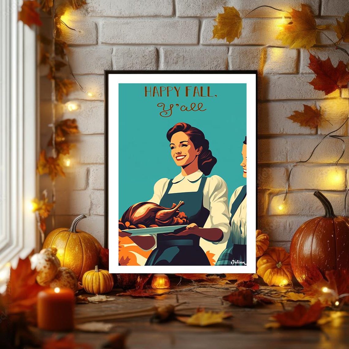 Happy Fall Y'all Retro Housewife Carrying Roast Turkey Poster - Image 2