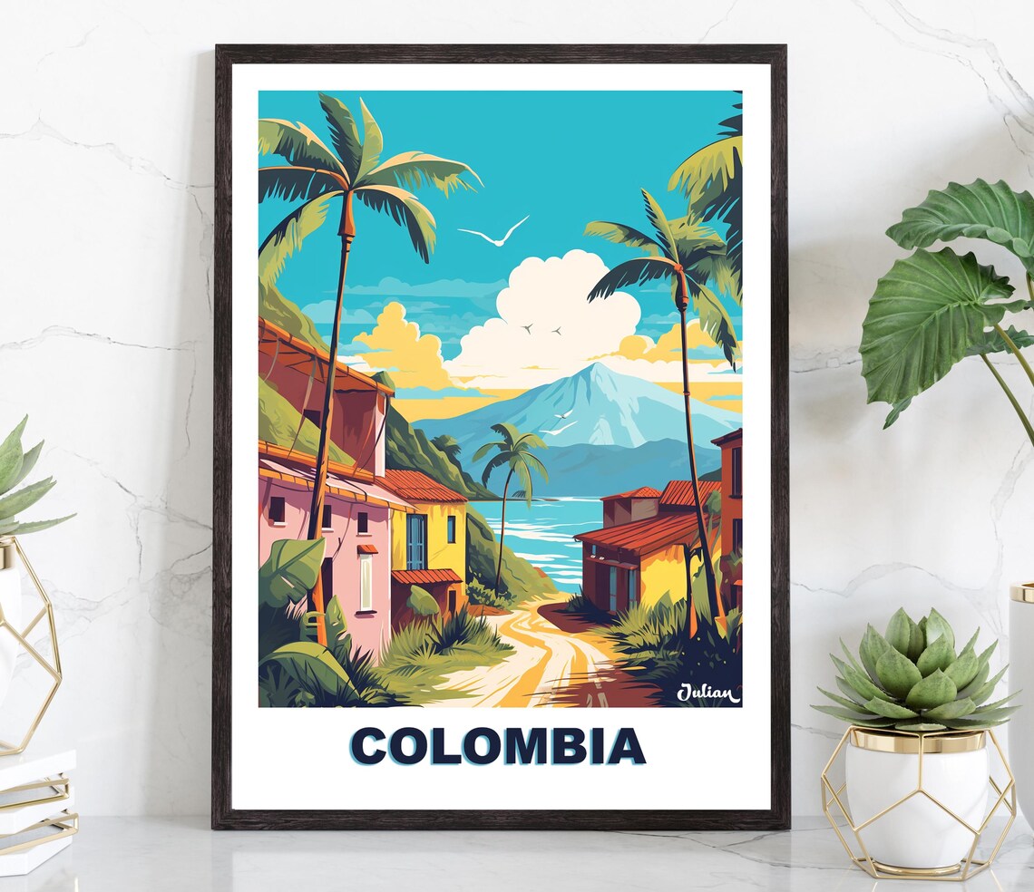 Colombia Caribbean Coastal Village Palms Beach Road Travel Poster