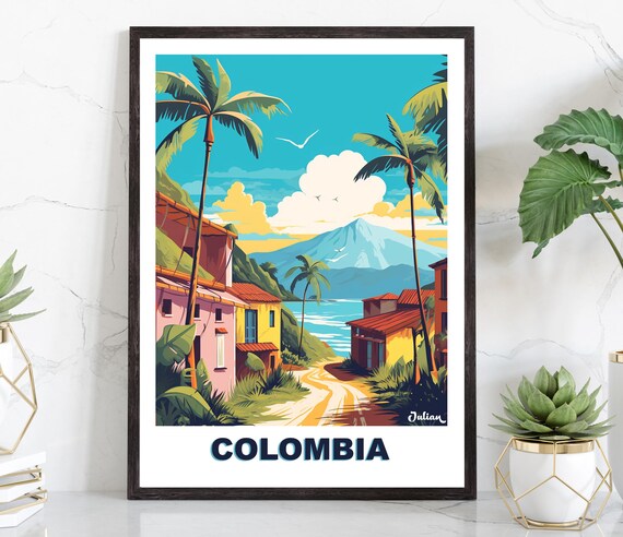 Colombia Caribbean Coastal Village Palms Beach Road Travel Poster
