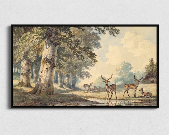 Deer Herd Forest Clearing Stream Antique Wildlife Watercolor Animal Poster