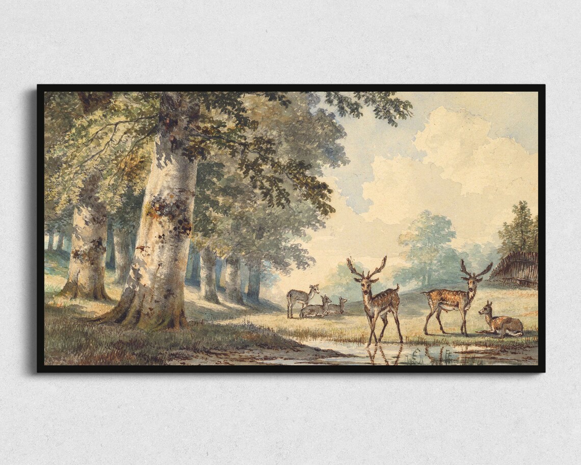 Deer Herd Forest Clearing Stream Antique Wildlife Watercolor Animal Poster