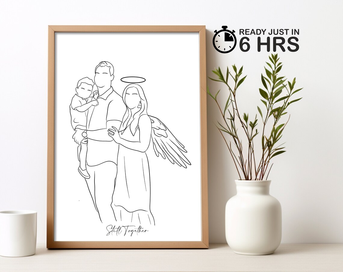 Custom Family Memorial Angel Line Art Portrait Poster Still Together