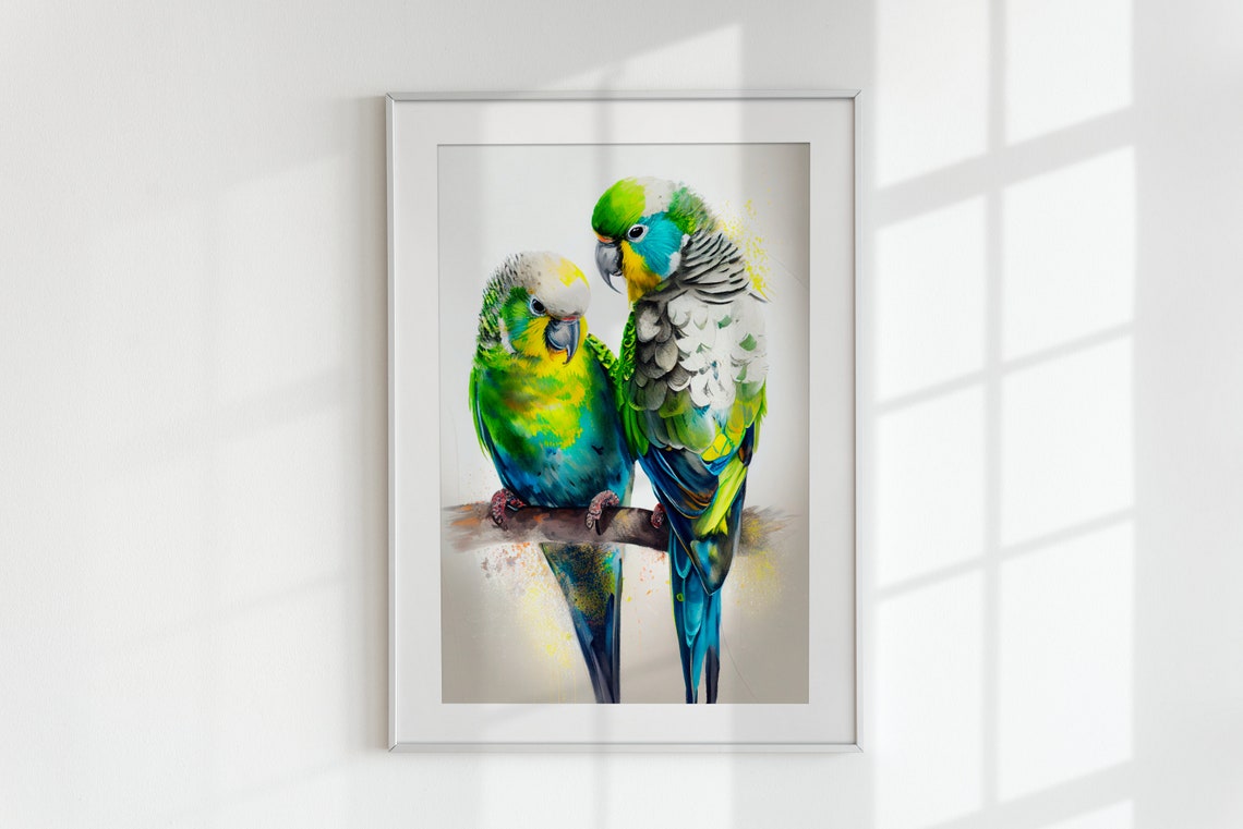 Pair of Cuddling Budgie Parakeets Watercolor Bird Artwork Poster - Image 3