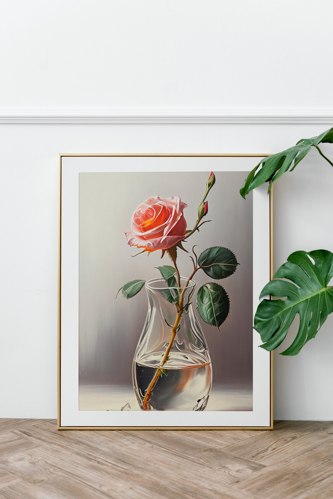 Pink Rose in Glass Vase Classic Still Life Floral Art Poster - Image 3