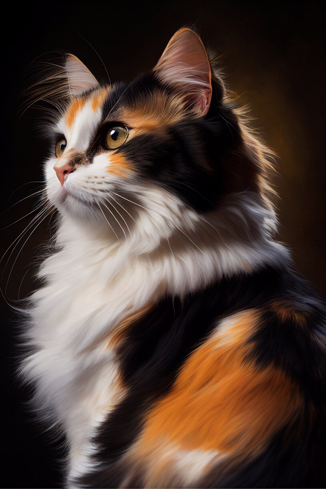 Long-Haired Calico Cat Portrait Elegant Feline Art Painting Poster - Image 2