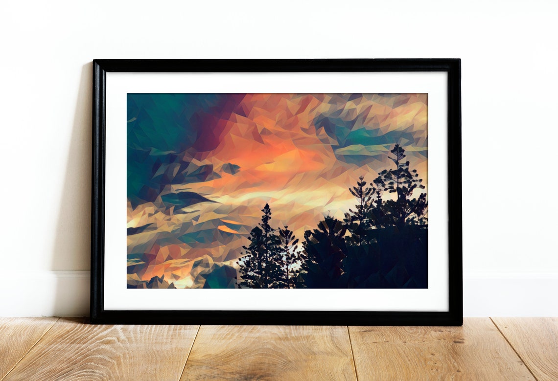 Low Poly Sunset Sky Over Silhouetted Pine Trees Island Art Poster - Image 2
