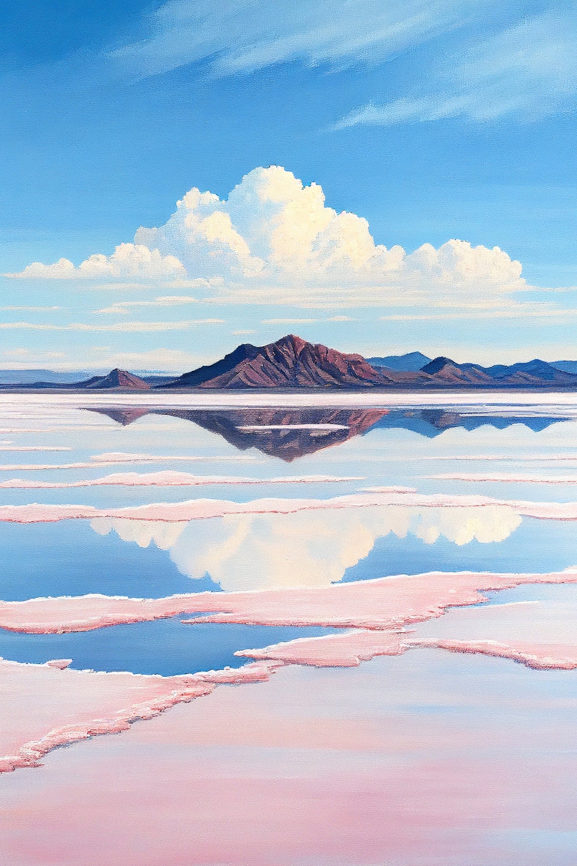 Pink Salt Lake with Mountain Reflection Oil Painting Style Poster - Image 2