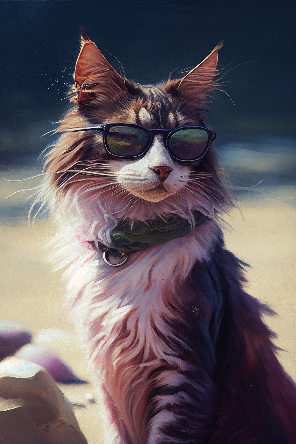 Cool Cat in Sunglasses Funny Long Hair Feline Beach Art Poster - Image 2