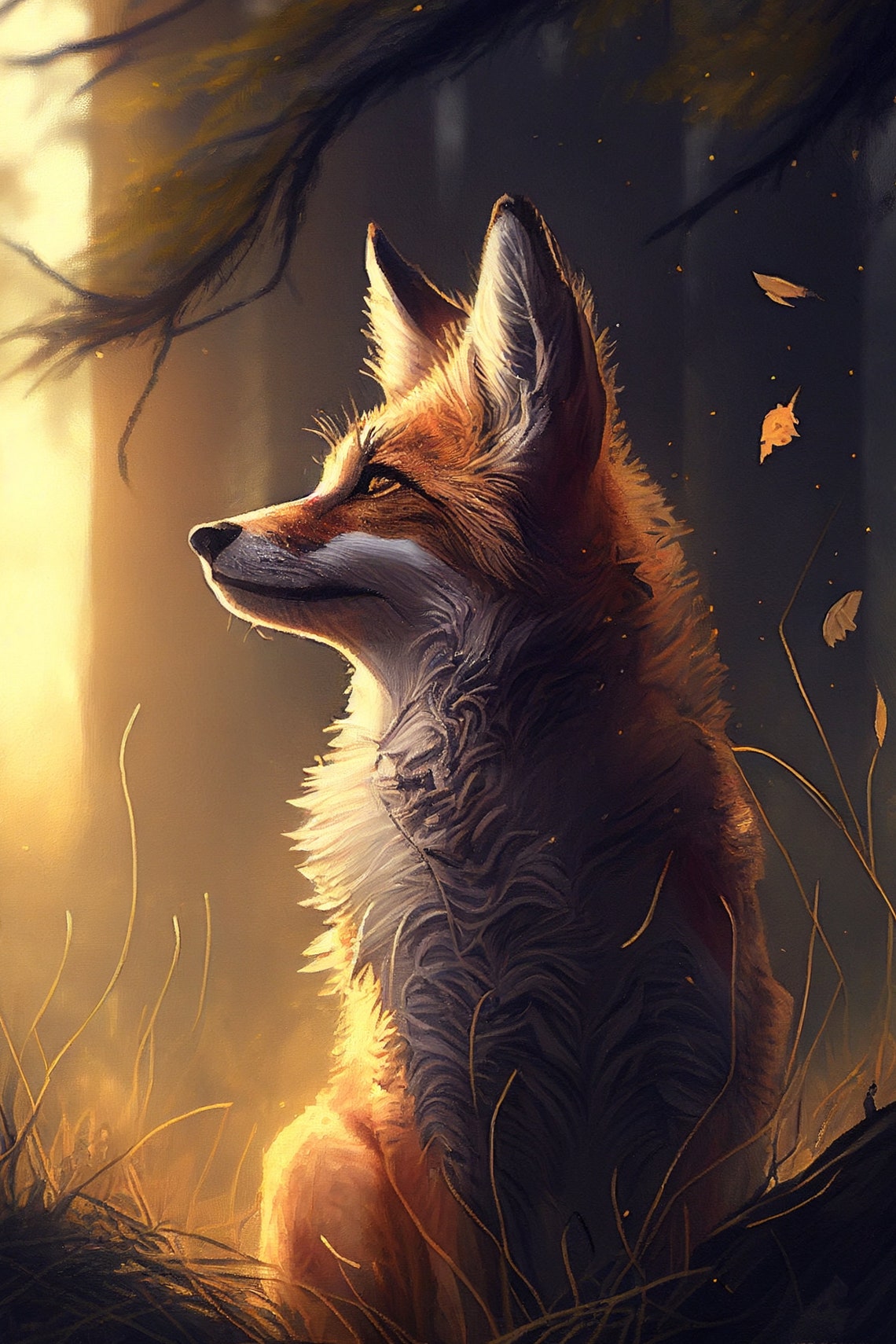 Red Fox in Dark Forest Warm Light Painterly Wildlife Art Poster - Image 2