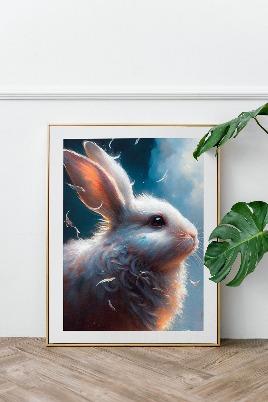 White Rabbit in Dramatic Blue Painterly Fantasy Wildlife Art Poster - Image 3