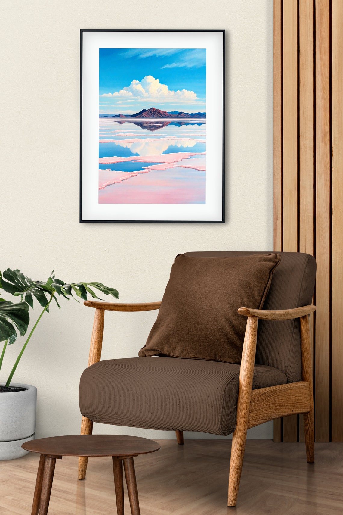 Pink Salt Lake with Mountain Reflection Oil Painting Style Poster - Image 3