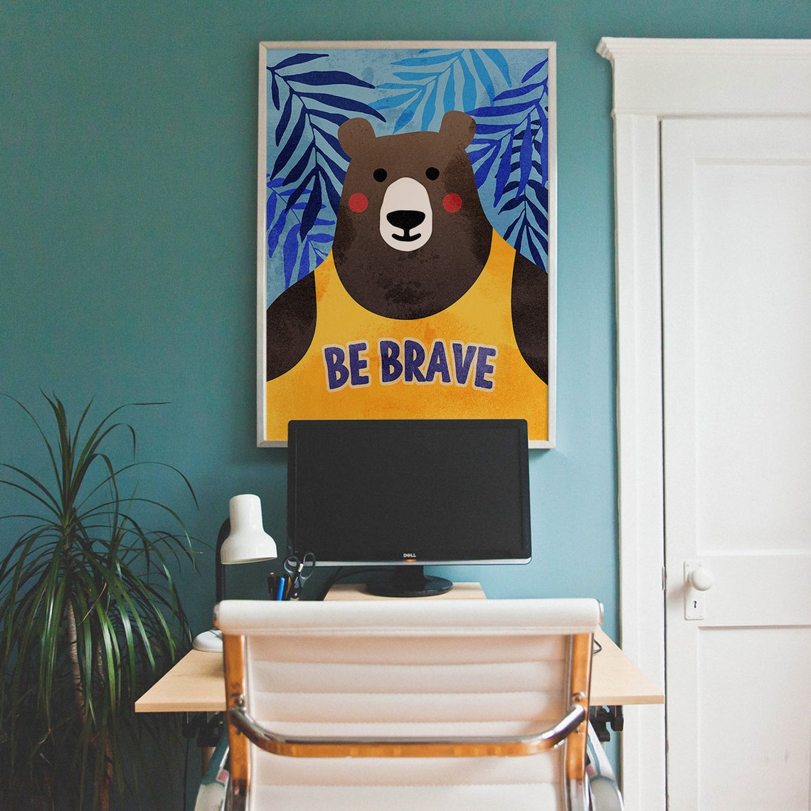 Be Brave Bear Wearing Yellow Jersey Kids Motivational Art Poster - Image 2