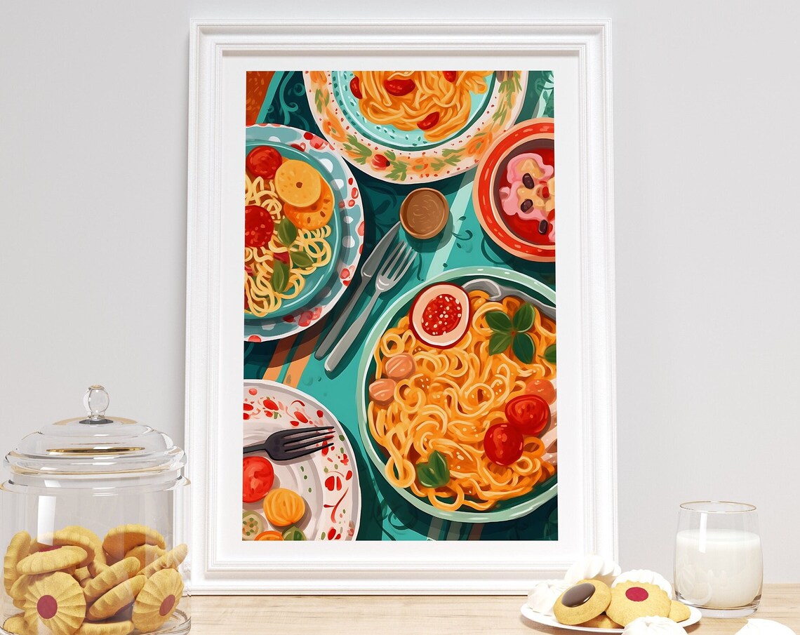 Italian Pasta Dinner Table Spaghetti Bowls Colorful Food Print - Image 2