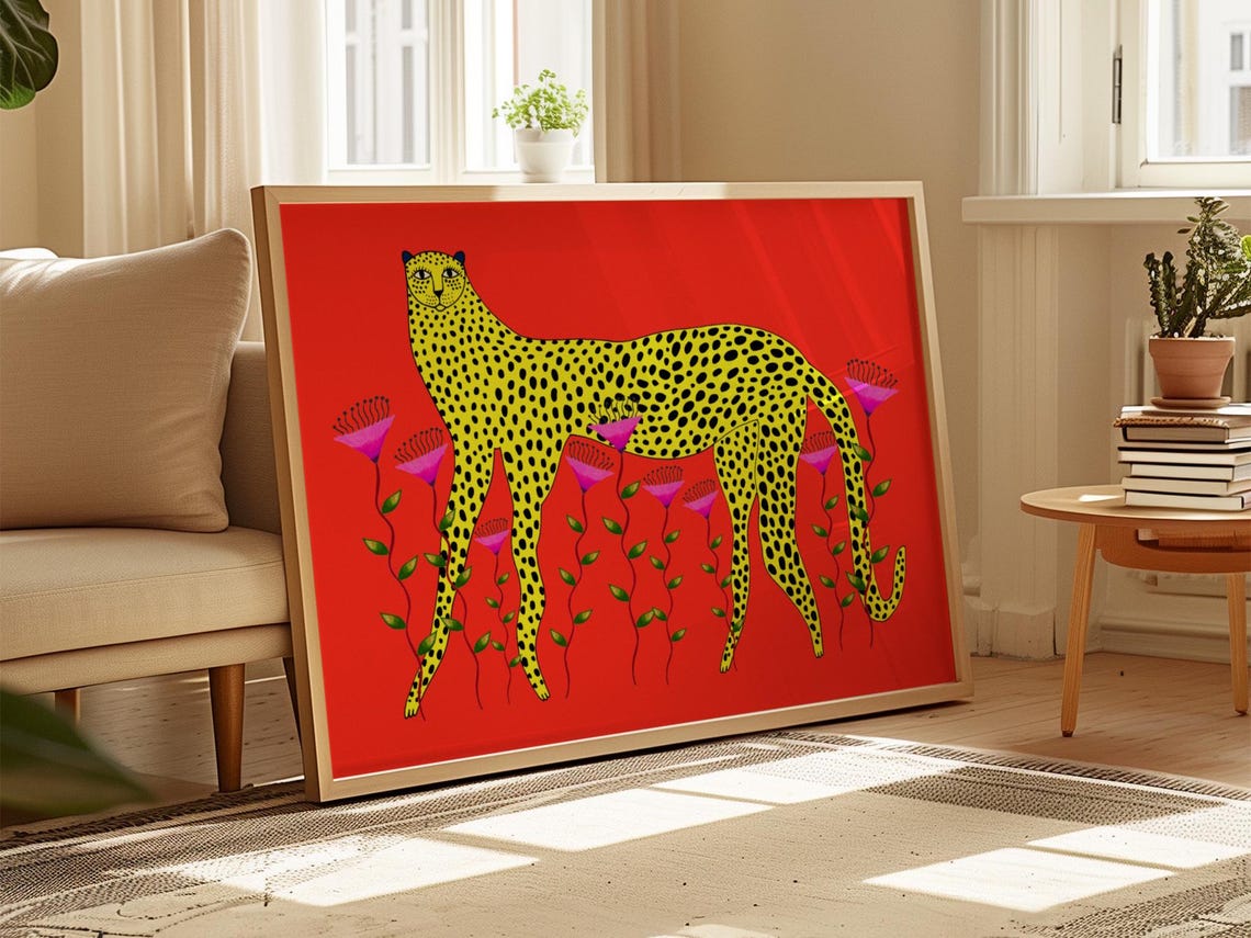 Dreamy Yellow Cheetah Red Floral Modern Bold Animal Art Poster