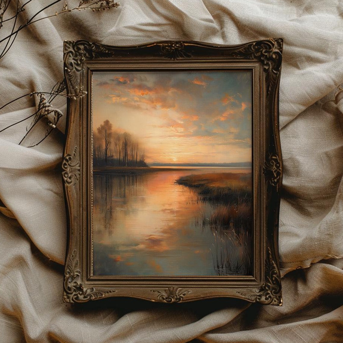 Golden Sunset Reflection Over a Still Marsh Landscape Poster