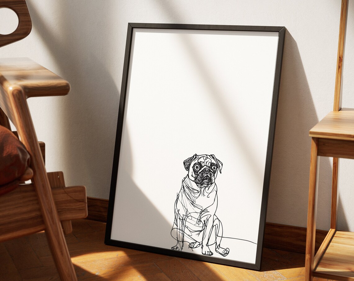 Sitting Pug Sketch Portrait Minimal Ink Line Drawing Dog Art Poster