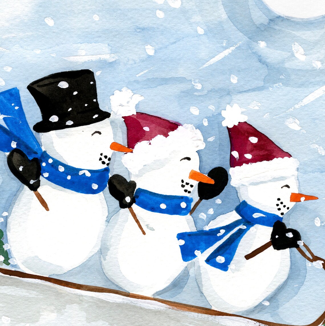 Sledding Snowmen Holiday Christmas Watercolor Art Print - Image 3