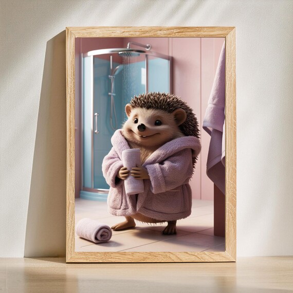 Cheerful Hedgehog In Lavender Bathrobe Holding Towel By Shower Poster