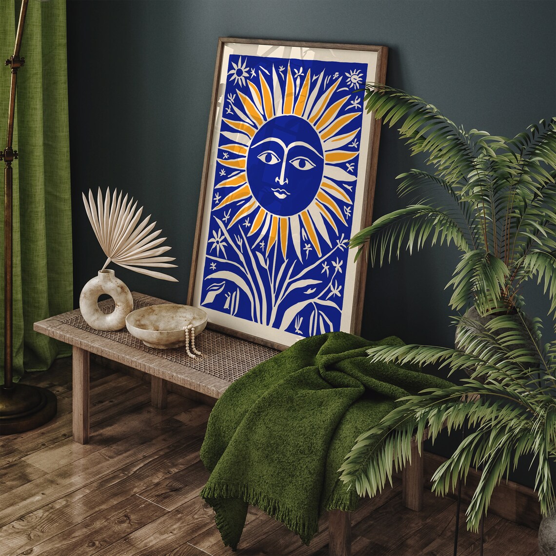 Blue Sun Face Golden Rays Folk Art Linocut Vintage Style Poster - Image 5