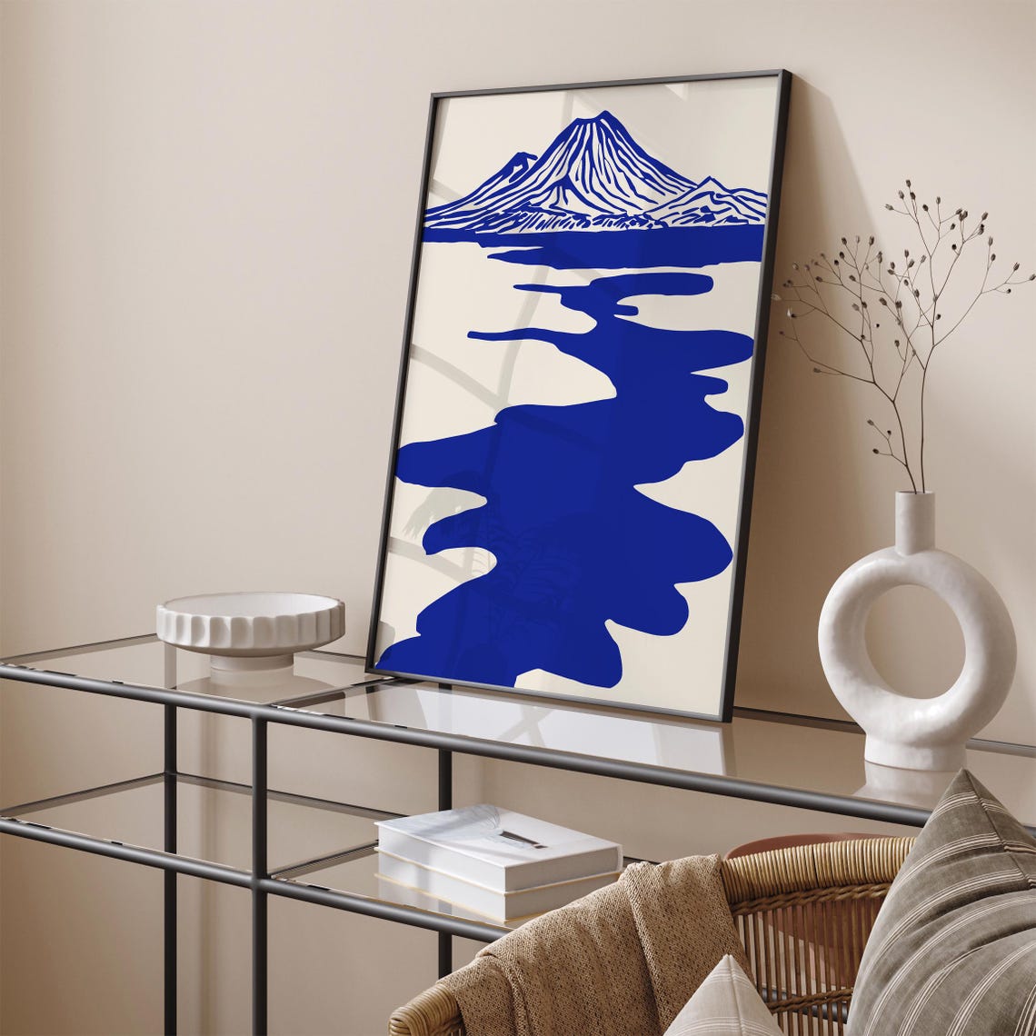 Blue Volcano Mountain Lake Reflection Minimalist Style Art Poster - Image 5