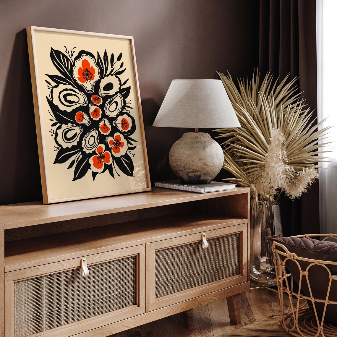 Black Ink Oysters with Orange Flowers Bold Coastal Kitchen Art Poster - Image 4