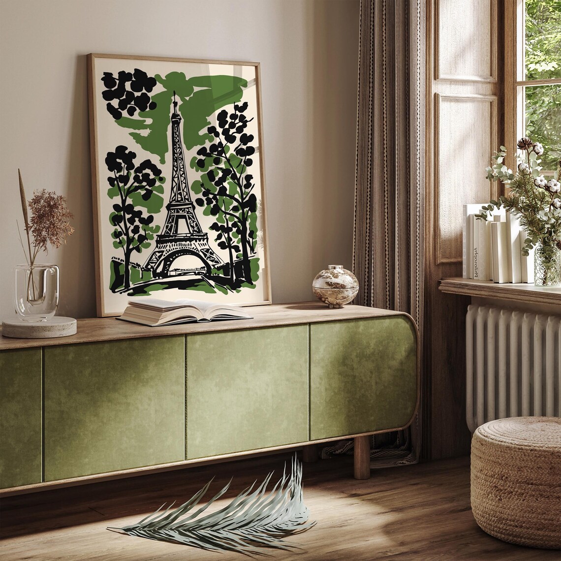 Paris Eiffel Tower Silhouette Art Poster Green France Landscape Wall Art French Home Decor Bohemian Art Print Black Ink Painting Print - Image 3