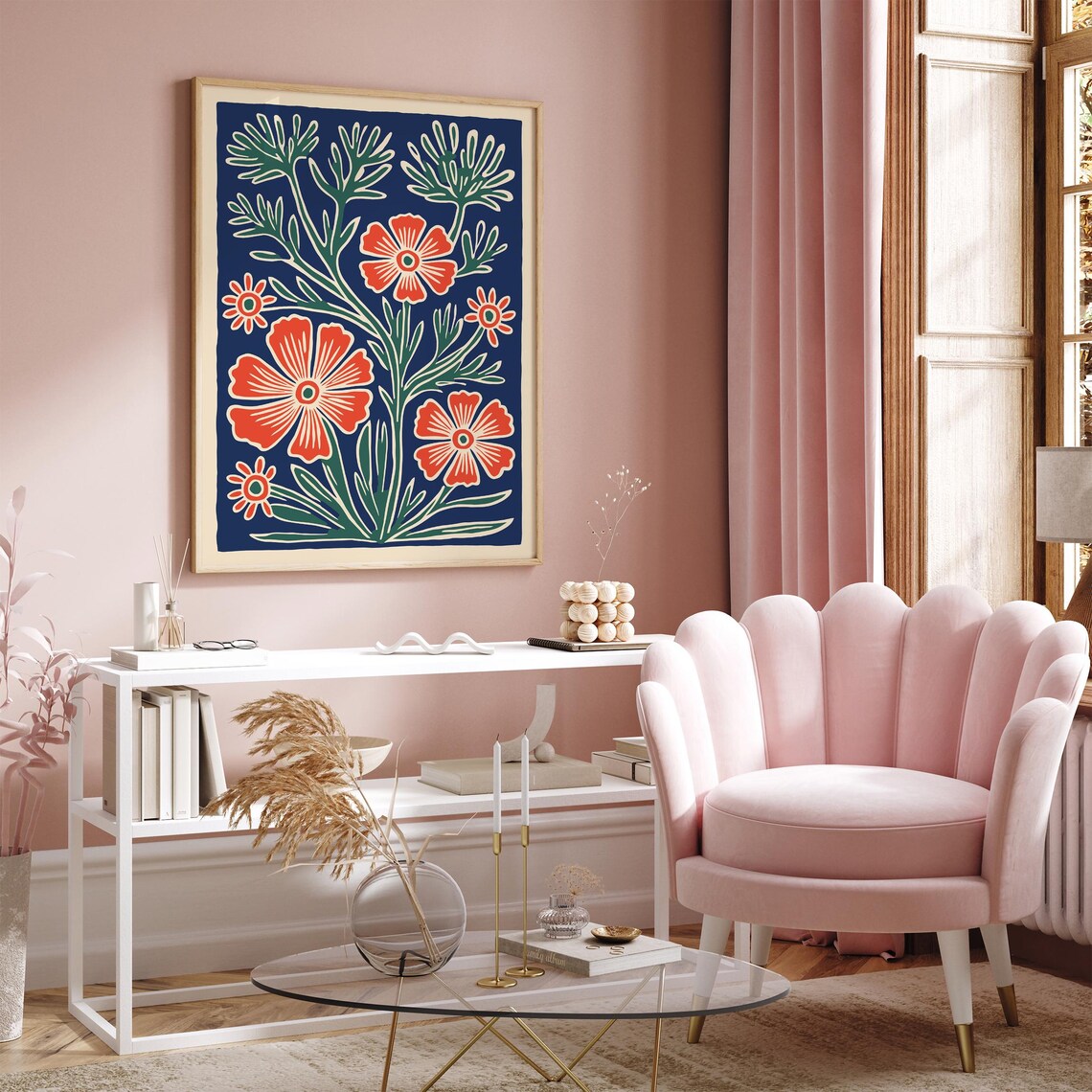 Coral Flower Bouquet on Navy Background Folk Art Botanical Poster - Image 5