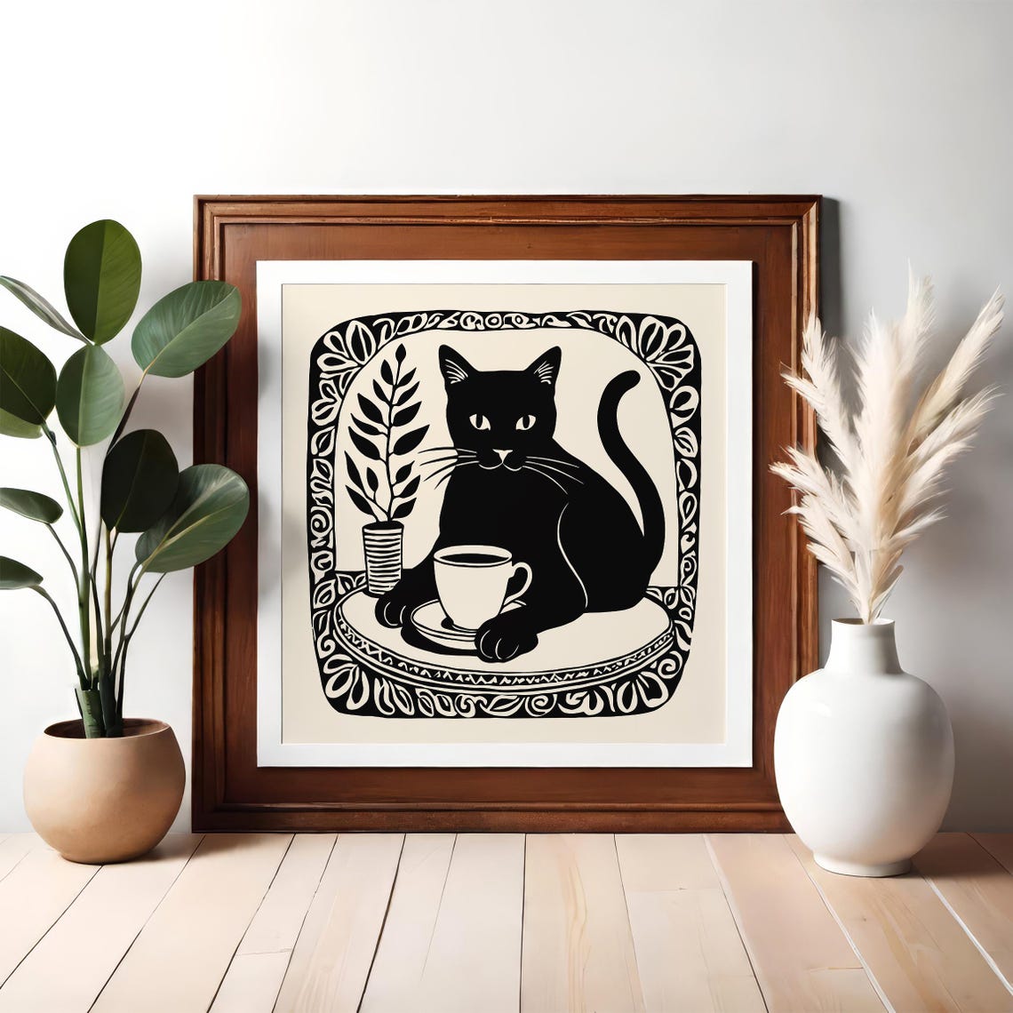 Cozy Black Cat With Coffee Cup Black and White Linocut Art Print - Image 2