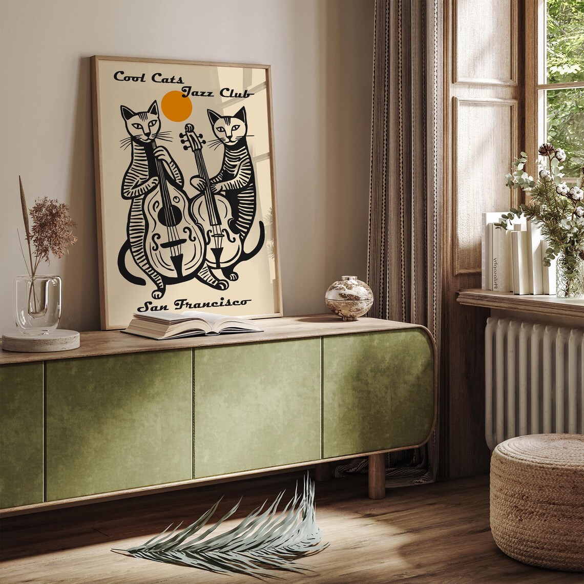 Cool Cats Jazz Club San Francisco Double Bass Cats Line Art Poster - Image 6