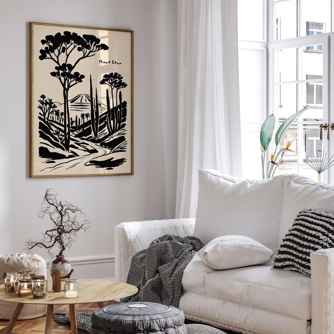 Mount Etna Minimalist Ink Landscape Poster in Black and Cream - Image 3