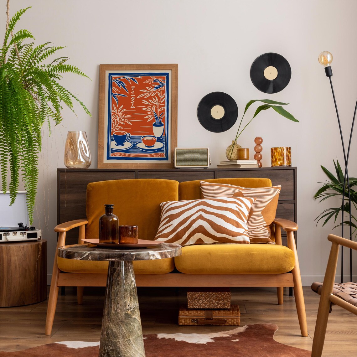 Japanese Tea Time Orange and Blue Cups Bamboo Zen Kitchen Art Poster - Image 4