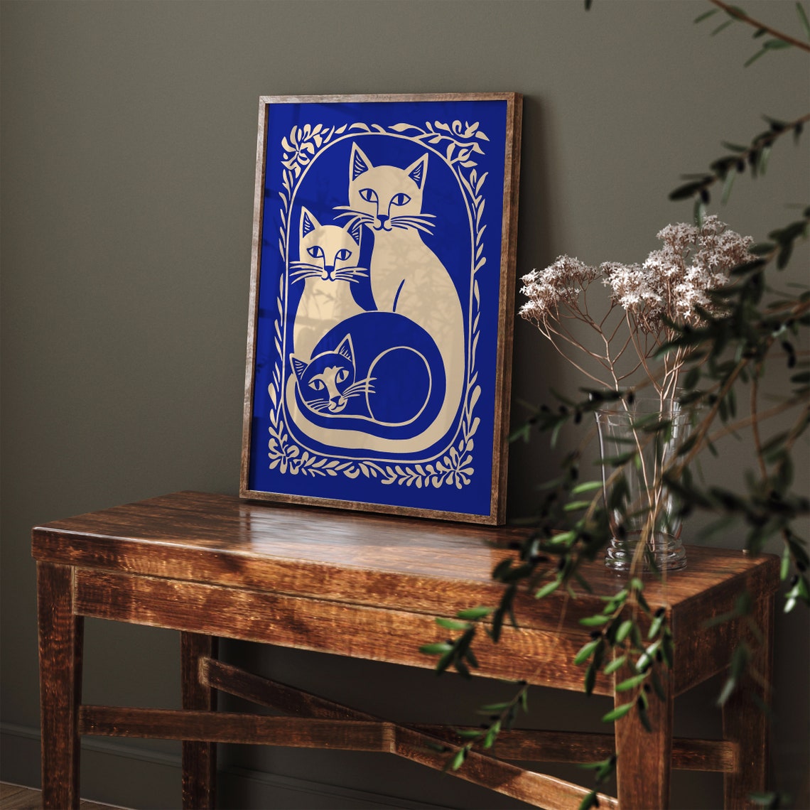 Blue and Cream Cat Trio Floral Frame Whimsical Style Art Poster - Image 4