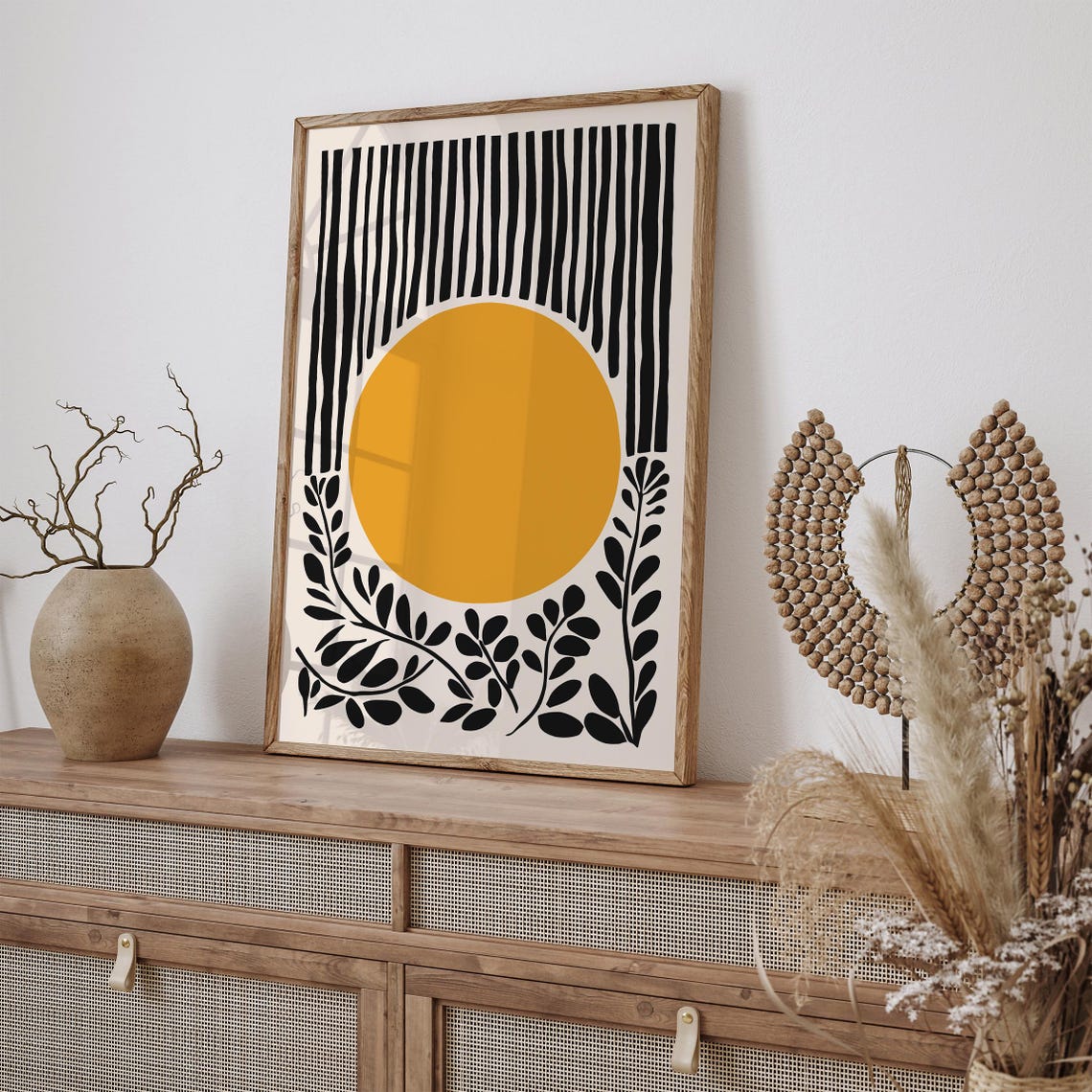 Mid Century Modern Yellow Sun Black Abstract Geometric Art Poster - Image 2