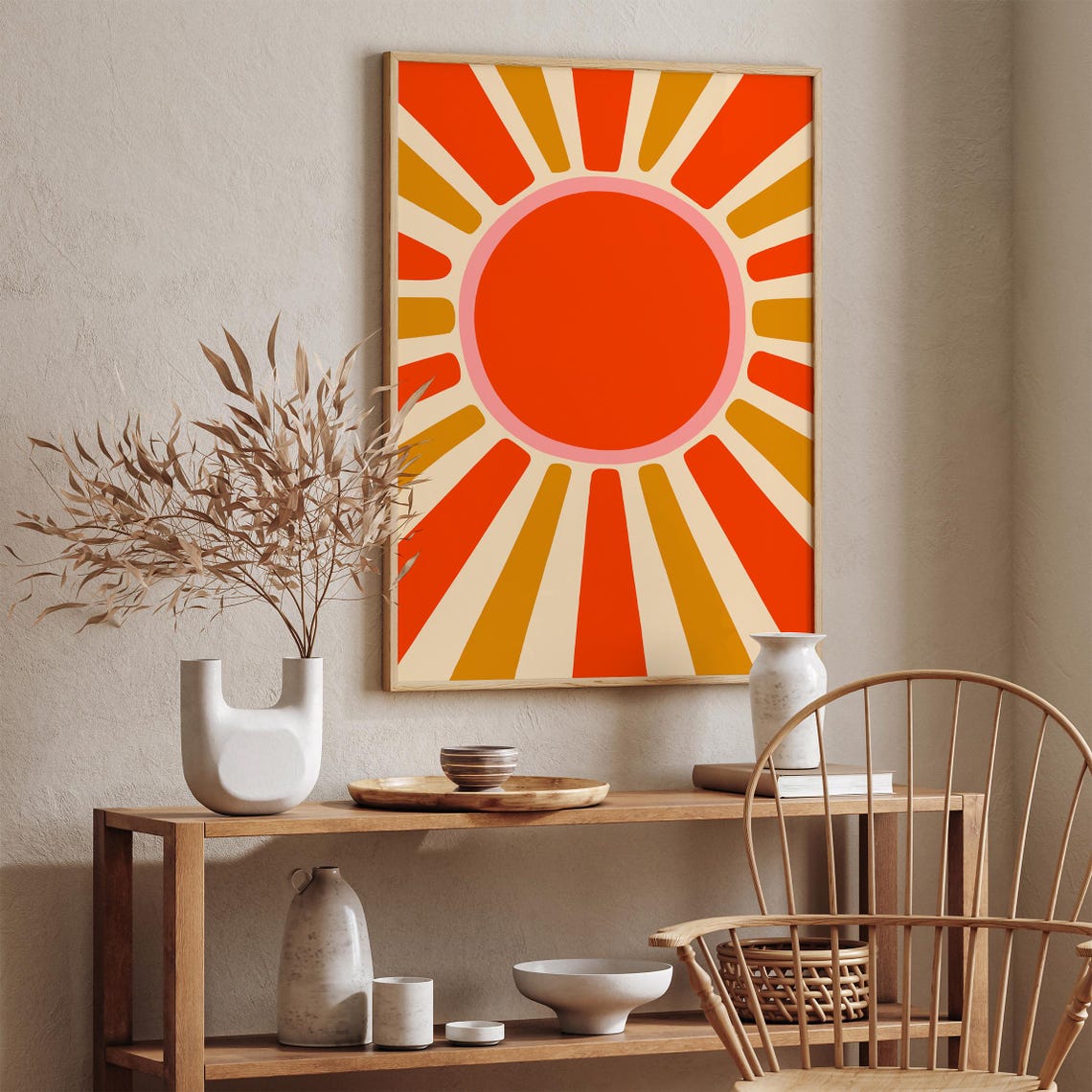 Large Retro Boho Sunburst Red Orange Sun Rays Graphic Poster - Image 3