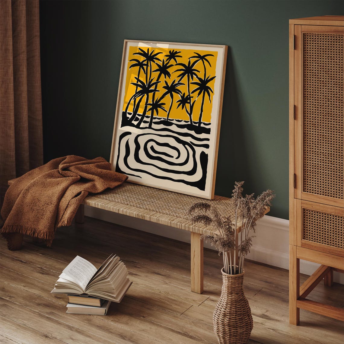 Tropical Palm Tree Silhouette Yellow Sky Sunset Beach Poster - Image 6