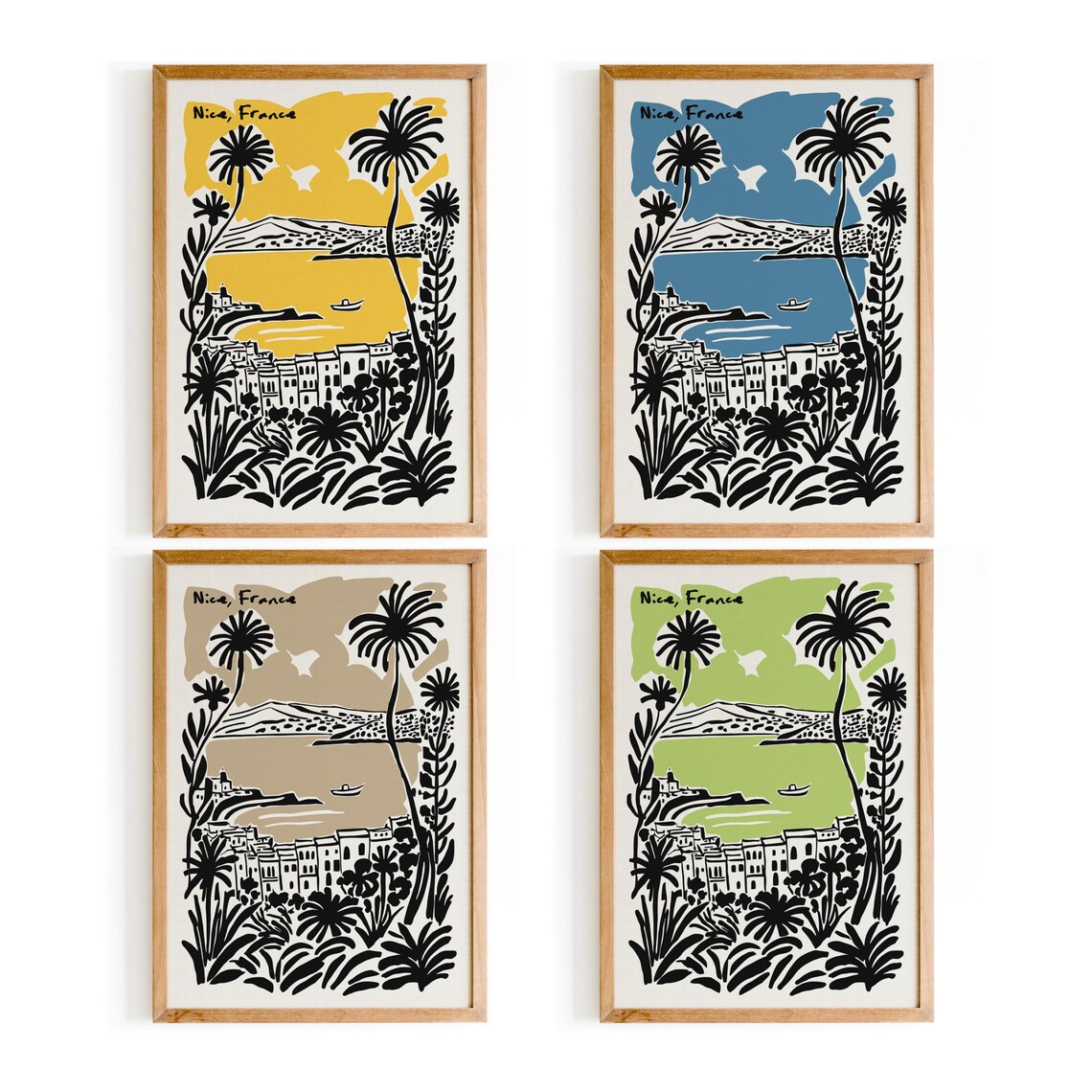 Nice France Mediterranean Bay Palm Trees Retro Travel Art Poster