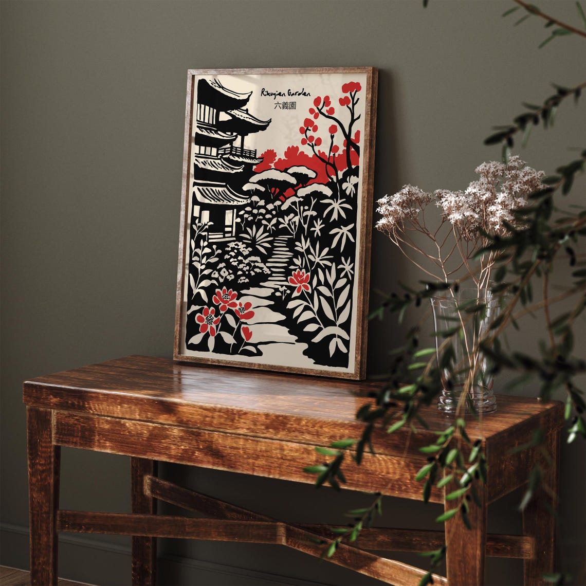 Rikugien Garden Black Ink Art Print Japanese Garden Illustration Traditional Asian Landscape Poster Zen Nature Wall Art Japandi Art Home - Image 4