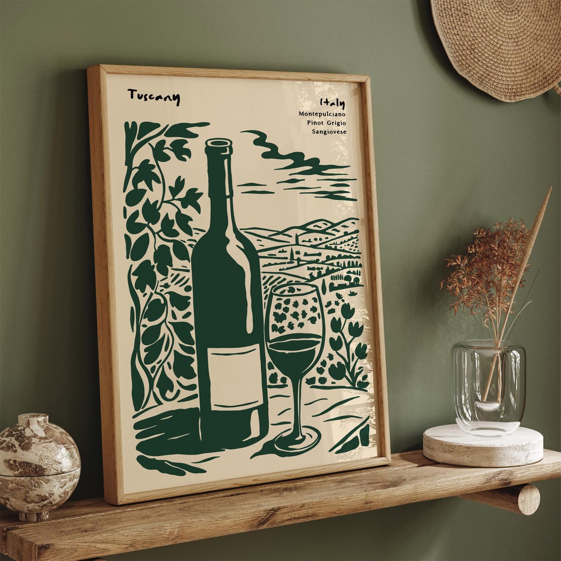 Tuscany Italy Green Travel Wine Poster Vintage Scenic Tuscany Vineyard Art Print Italian Countryside Wall Art Honeymoon Wine Lover Gift